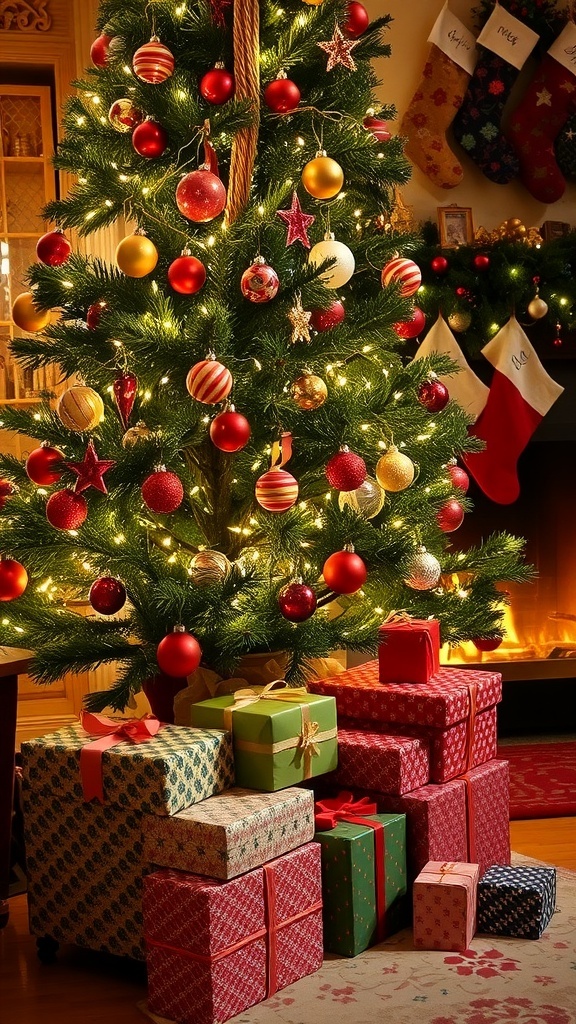 A decorated Christmas tree with gifts underneath, creating a festive holiday atmosphere.